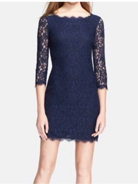Diane Von Furstenberg Navy Lace Long-Sleeve Sheath Dress